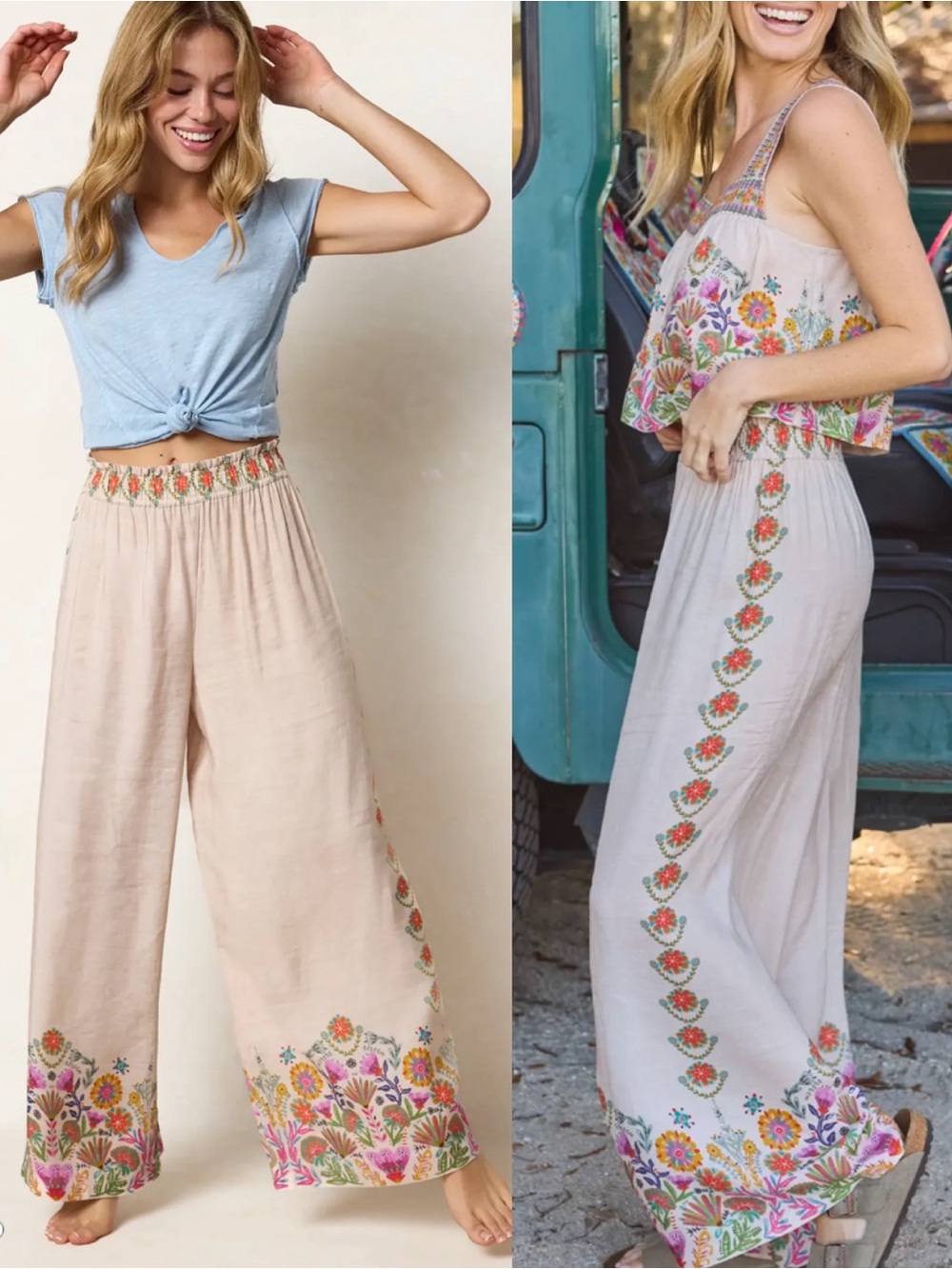 Natural Life Cece Wide Leg Pants Cream Floral Boho Bohemian